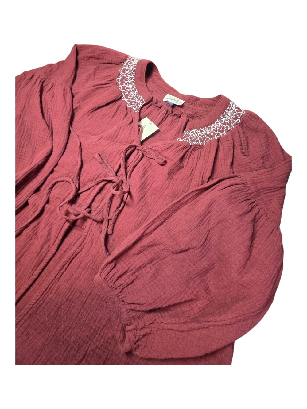 NWT Universal Thread Burgundy Cotton Gauze Embroidered Peasant Blouse Boho Top